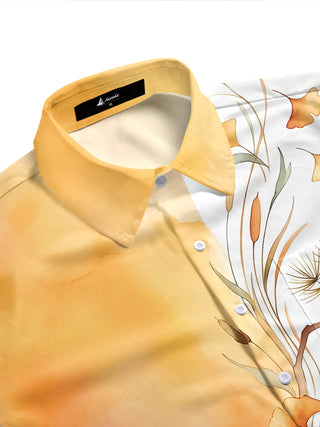 Adaychic Men's Hawaiian Ink Ginkgo And Pine Branches Print Short Sleeve Shirt with Chest Pocket