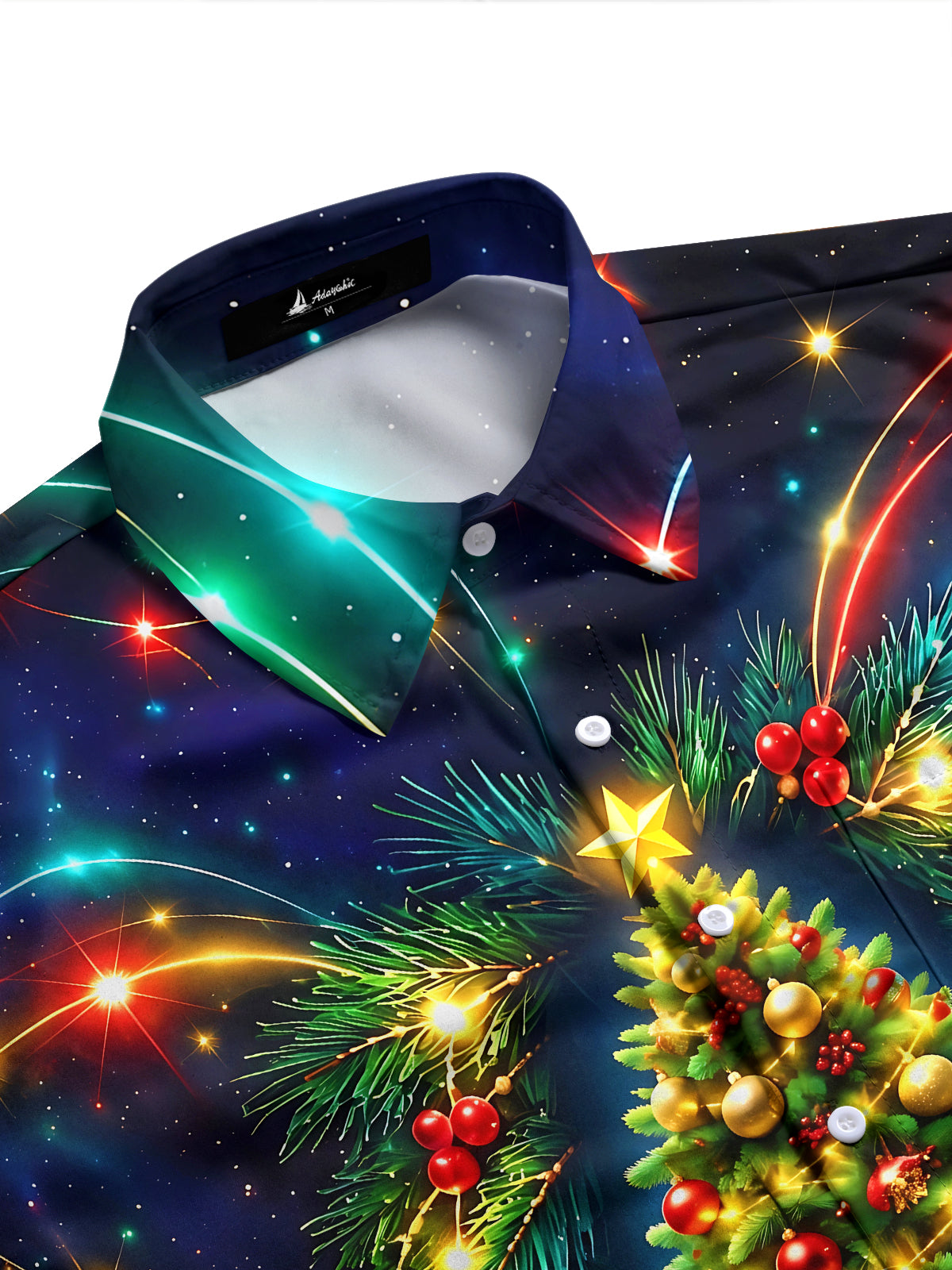 Adaychic Men's Long Sleeve Shirt - Christmas Tree With Ornaments And Pine Branches Print with Chest Pocket