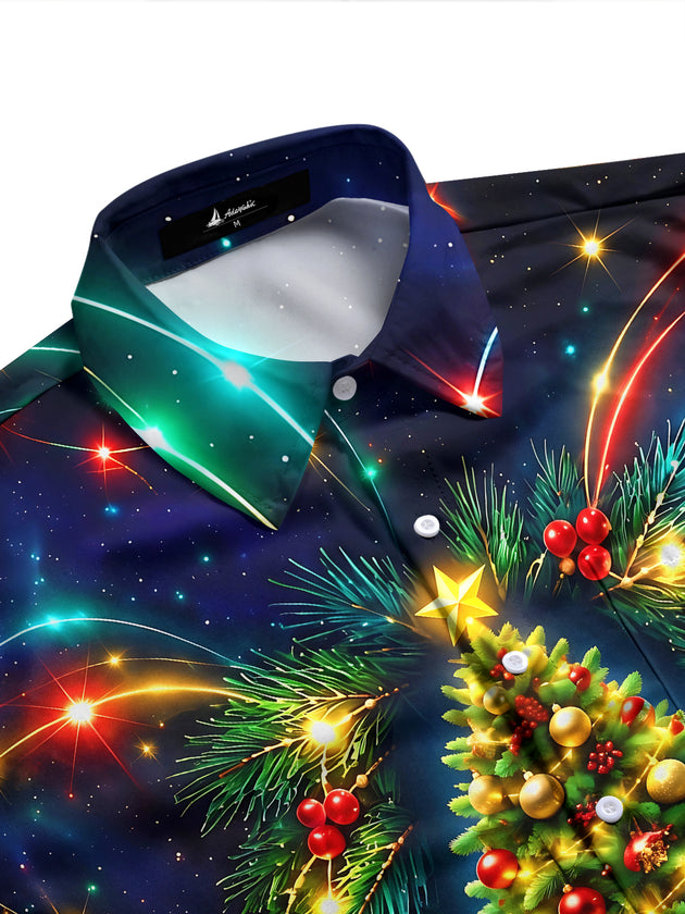 Adaychic Men's Long Sleeve Shirt - Christmas Tree With Ornaments And Pine Branches Print with Chest Pocket