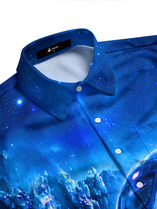 Adaychic Men's Long Sleeve Stand Collar Shirt - Crystal Train And Aurora Borealis Print