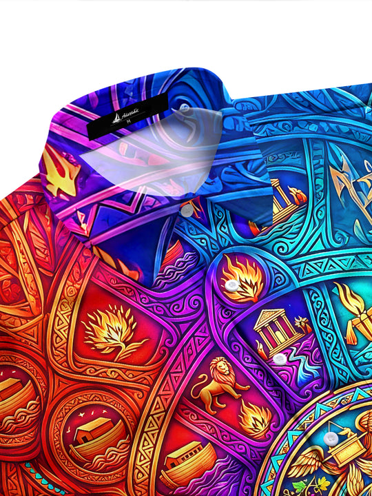 Adaychic Men's Graphic Biblical Symbol Mandala Print Long Sleeve Shirt with Chest Pocket