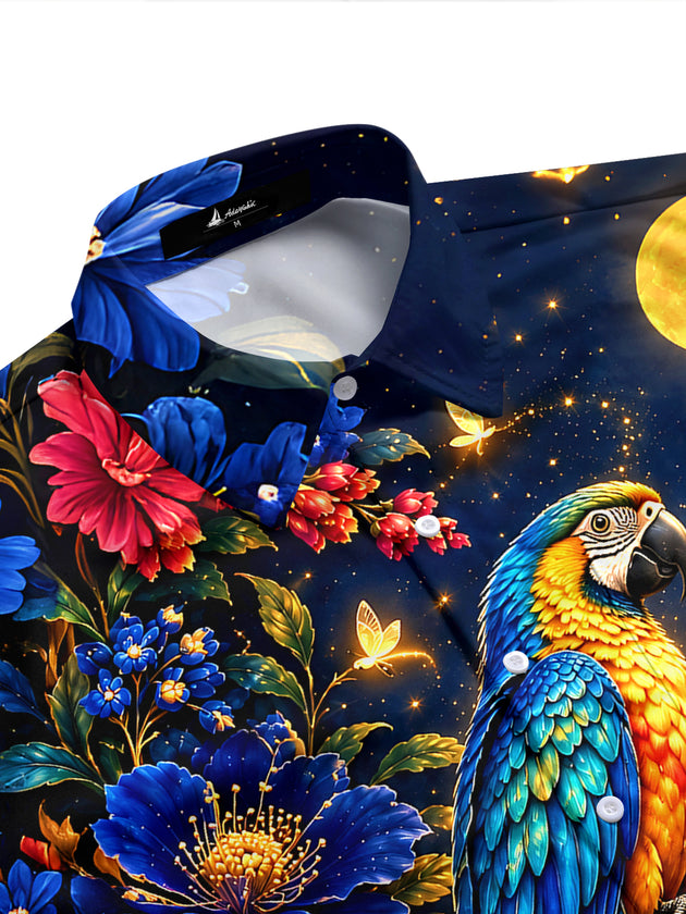 Adaychic Men's Hawaiian Parrot Night Scene Print Short Sleeve Shirt with Chest Pocket