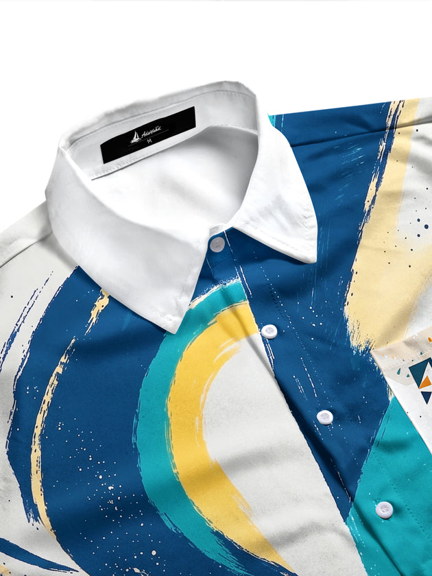 Adaychic Men's Abstract Brush Stroke Color Block Print Long Sleeve Shirt with Chest Pocket