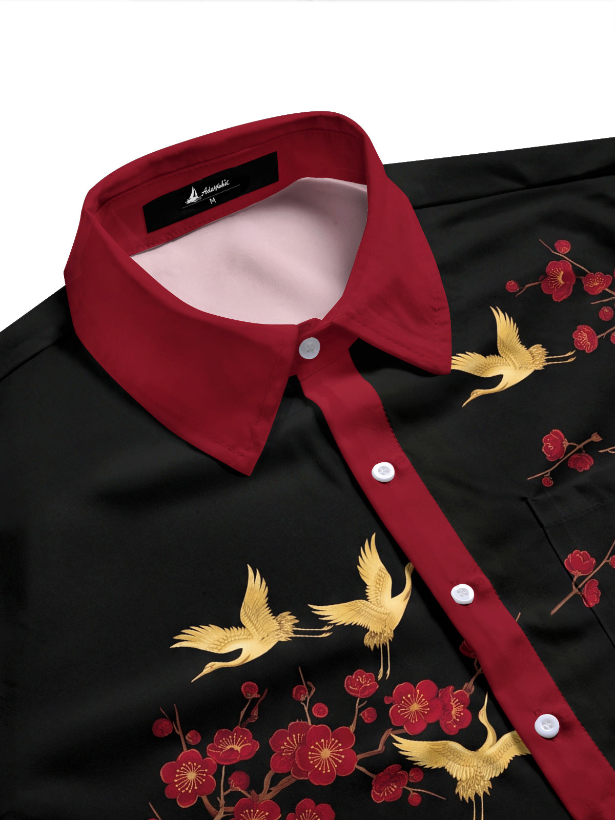 Adaychic Men's Printed Crane Birds And Plum Blossoms Print Long Sleeve Shirt with Chest Pocket