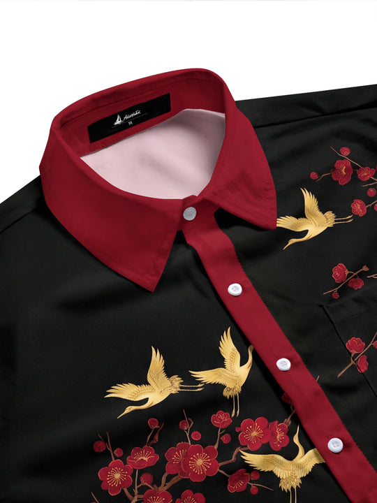 Adaychic Men's Printed Crane Birds And Plum Blossoms Print Long Sleeve Shirt with Chest Pocket