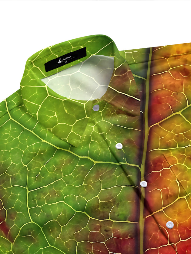 Adaychic Men's Printed Leaf Vein Pattern Gradient Leaf Print Short Sleeve Shirt with Chest Pocket