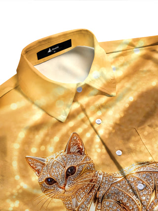 Adaychic Men's Graphic Diamond Cat Print Long Sleeve Shirt with Chest Pocket