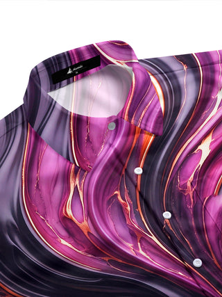 Adaychic Men's Patterned Abstract Fluid Marble Texture Print Short Sleeve Shirt with Chest Pocket