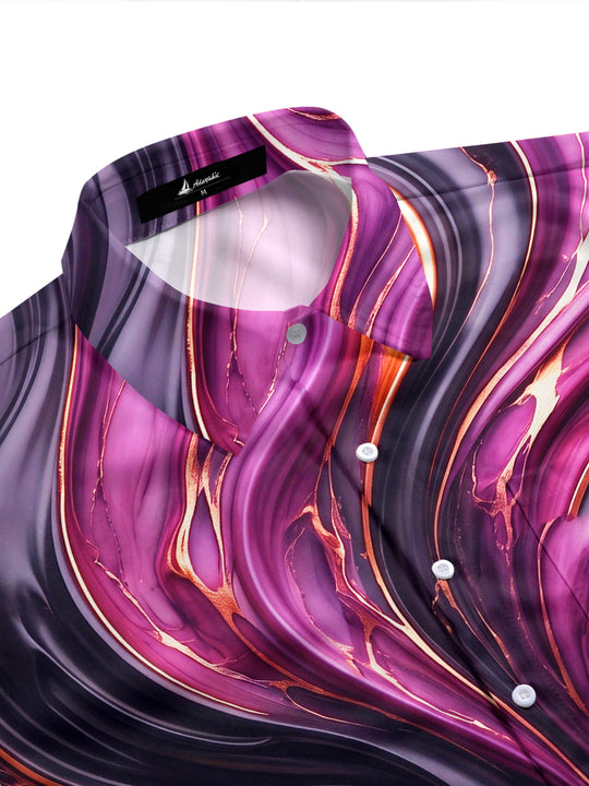 Adaychic Men's Patterned Abstract Fluid Marble Texture Print Short Sleeve Shirt with Chest Pocket