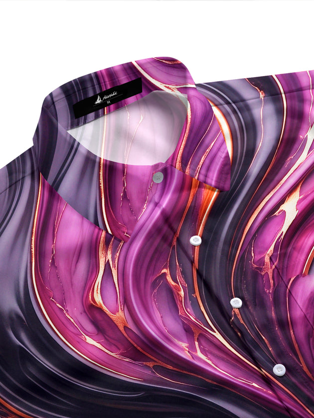 Adaychic Men's Patterned Abstract Fluid Marble Texture Print Short Sleeve Shirt with Chest Pocket