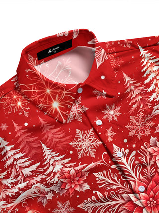 Adaychic Men's Christmas Snowflakes And Poinsettias Print Long Sleeve Shirt with Chest Pocket