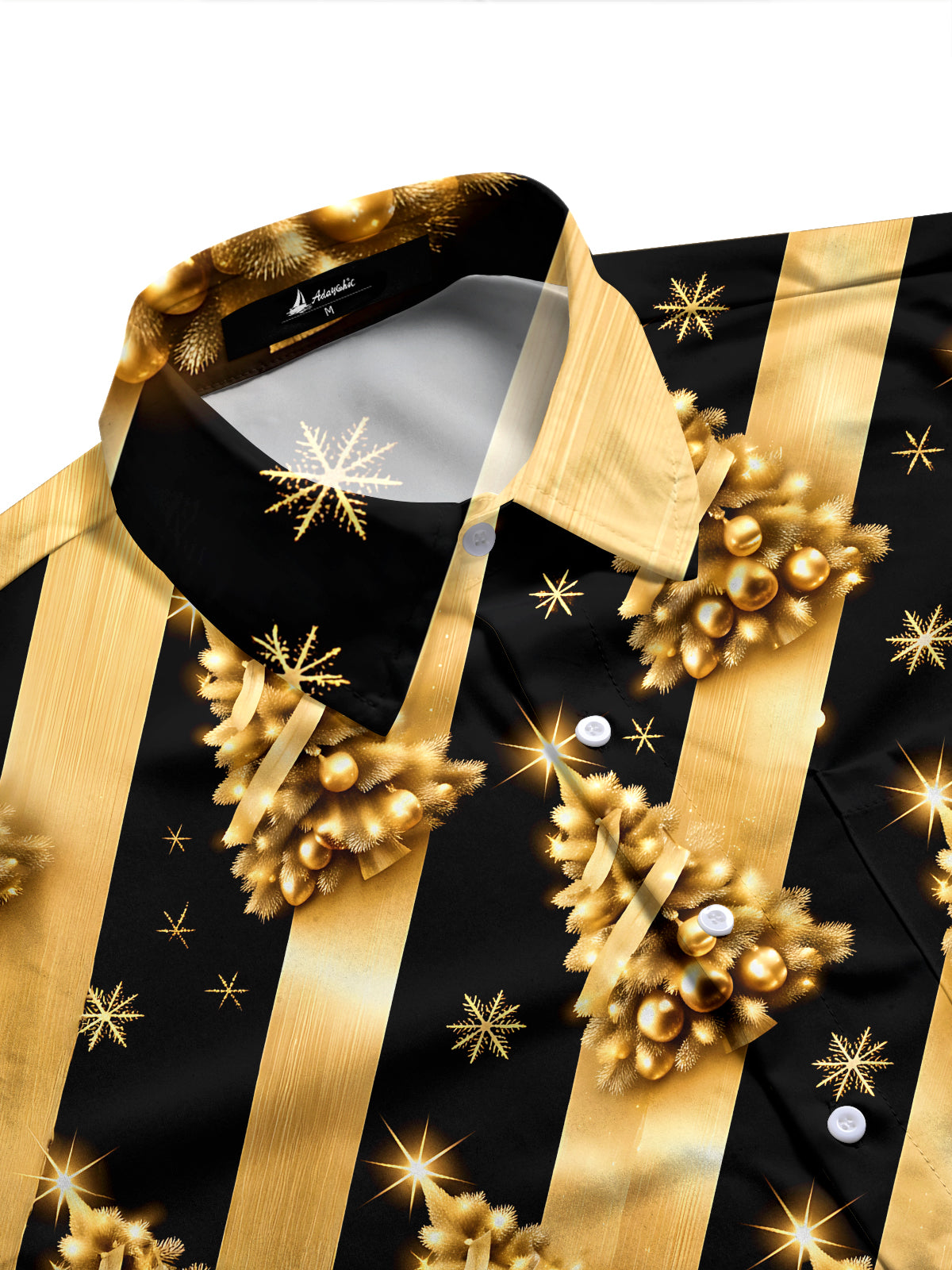 Adaychic Men's Long Sleeve Shirt - Gold Christmas Trees With Ornaments And Snowflakes Print with Chest Pocket