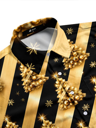 Adaychic Men's Long Sleeve Shirt - Gold Christmas Trees With Ornaments And Snowflakes Print with Chest Pocket