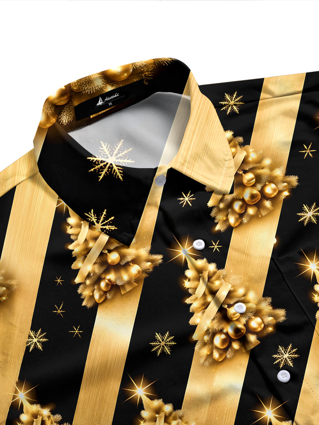 Adaychic Men's Long Sleeve Shirt - Gold Christmas Trees With Ornaments And Snowflakes Print with Chest Pocket