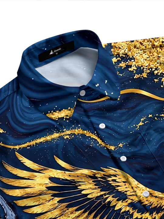 Adaychic Men's Graphic Abstract Golden Eagle Print Long Sleeve Shirt with Chest Pocket