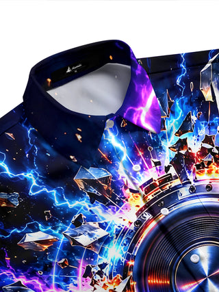 Adaychic Men's Long Sleeve Shirt - 3D Speaker With Lightning And Shattered Crystals Print with Chest Pocket