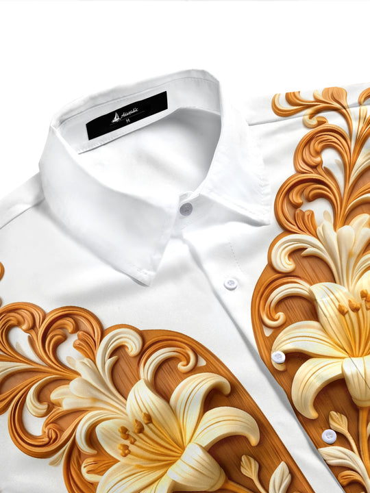 Adaychic Men's 3D Carved Floral Lilies And Scrollwork Print Short Sleeve Shirt with Chest Pocket