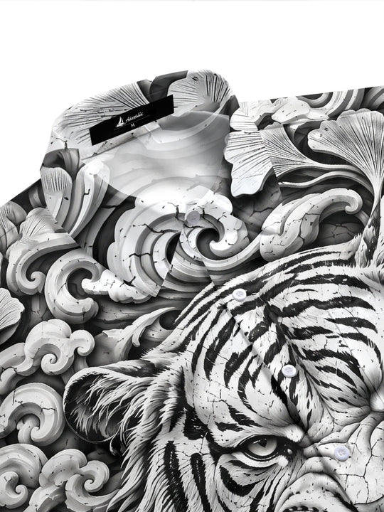 Adaychic Men's Hawaiian Tiger Face Print Short Sleeve Shirt with Chest Pocket