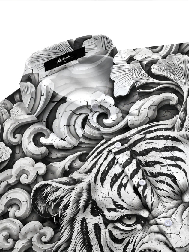 Adaychic Men's Hawaiian Tiger Face Print Short Sleeve Shirt with Chest Pocket