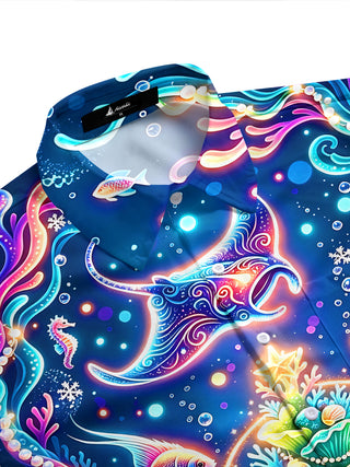 Adaychic Men's Hawaiian Undersea Christmas Print Short Sleeve Shirt with Chest Pocket