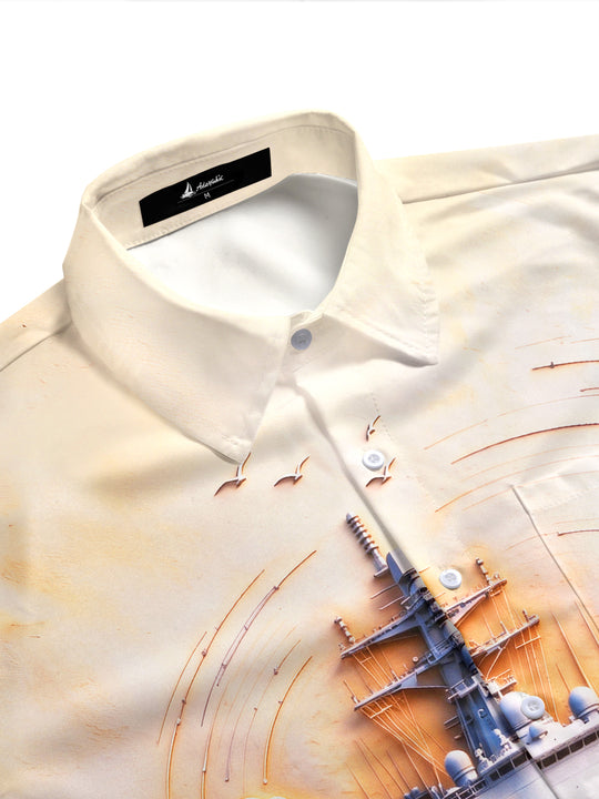 Adaychic Men's Graphic Navy Destroyer Ship And Sailors Print Short Sleeve Shirt with Chest Pocket