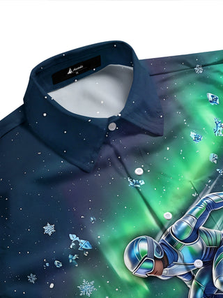 Adaychic Men's Skiing Person And Snowflakes Print Long Sleeve Shirt with Chest Pocket