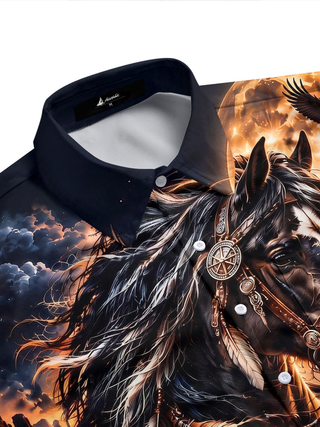Adaychic Men's Printed Horse Portrait Print Short Sleeve Shirt with Chest Pocket