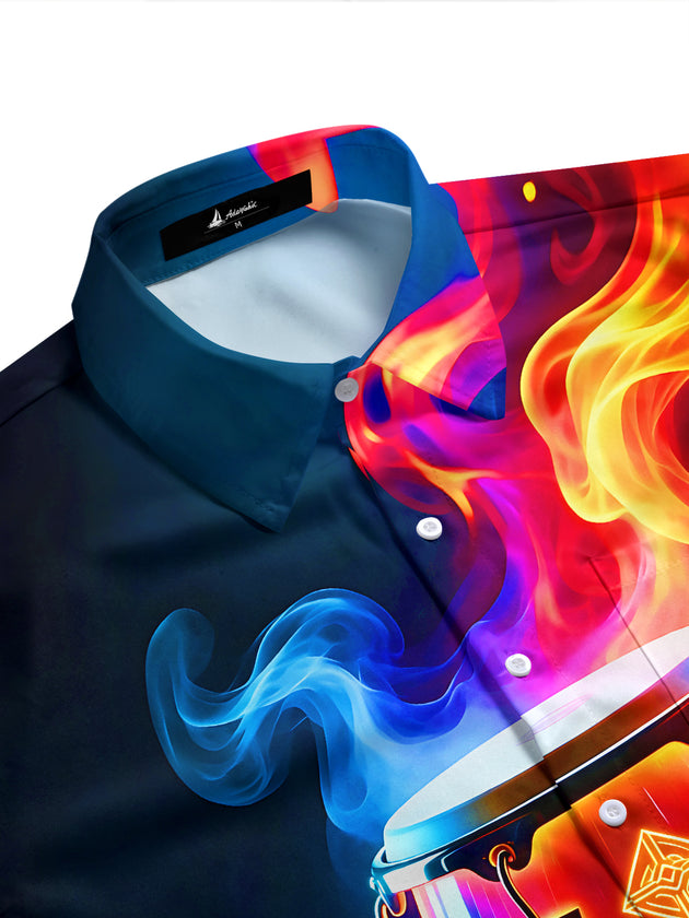 Adaychic Men's Graphic Neon Flame Conga Drum Print Short Sleeve Shirt with Chest Pocket