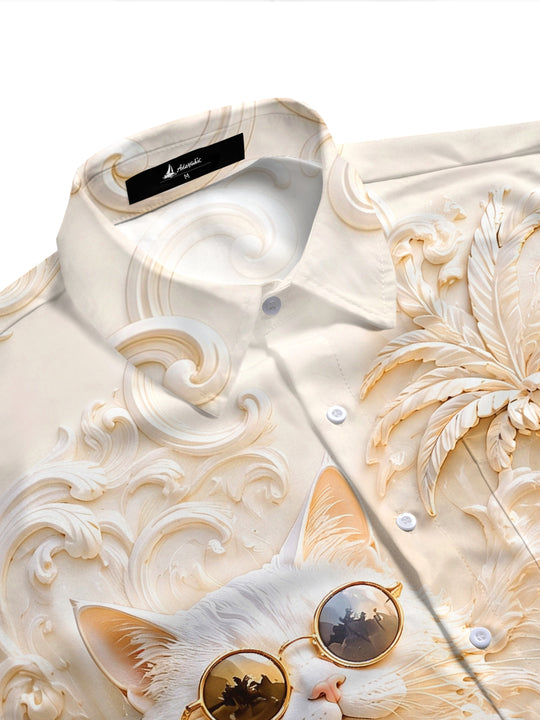 Adaychic Men's Hawaiian Cat With Sunglasses Print Short Sleeve Shirt with Chest Pocket