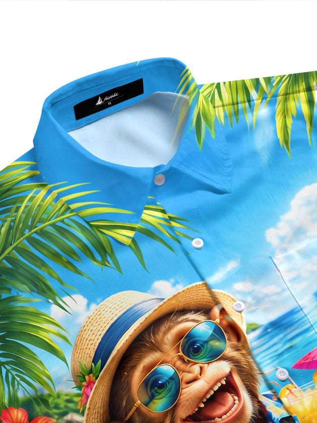 Adaychic Men's Monkey With Tropical Fruits And Drinks Print Short Sleeve Shirt with Chest Pocket