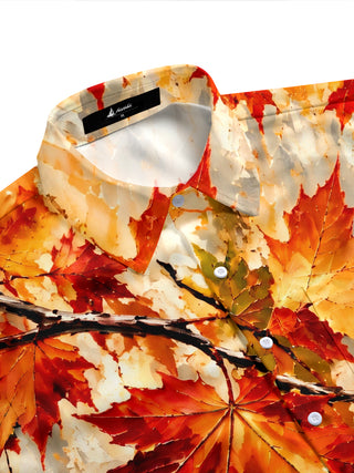 Adaychic Men's Autumn Maple Leaves Print Short Sleeve Stand Collar Shirt with Chest Pocket