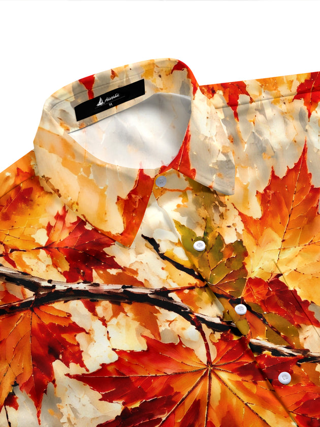 Adaychic Men's Autumn Maple Leaves Print Short Sleeve Stand Collar Shirt with Chest Pocket