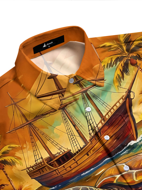 Adaychic Men's Hawaiian Sea Turtle And Sailing Ship Print Long Sleeve Shirt with Chest Pocket
