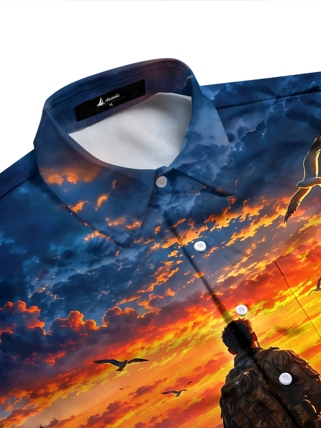Adaychic Men's Long Sleeve Shirt - Veterans Day Soldier Silhouette And Sunset Ocean Landscape Print with Chest Pocket