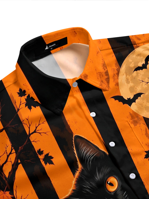Adaychic Men's Black Cat And Halloween Moon With Bats Print Short Sleeve Shirt with Chest Pocket