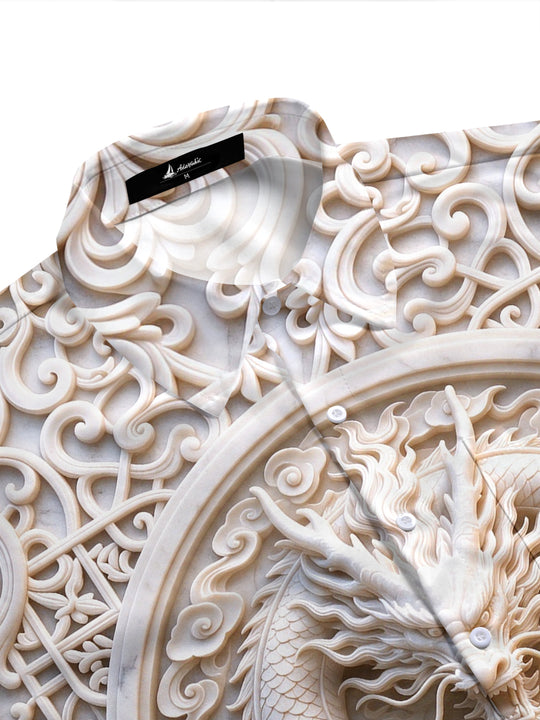 Adaychic Men's Graphic 3D Jade Dragon Relief Print Short Sleeve Shirt with Chest Pocket