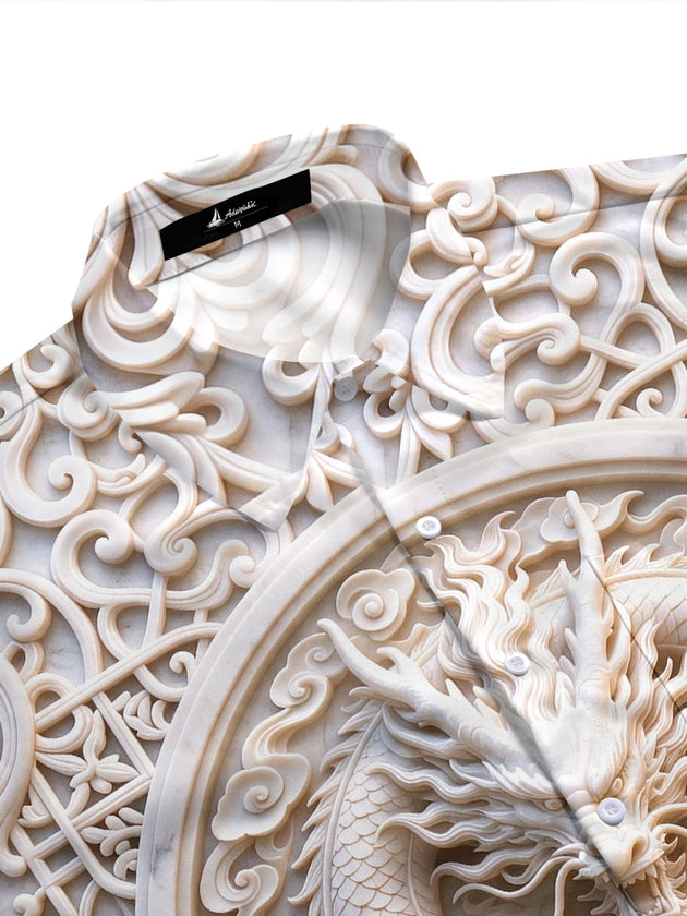 Adaychic Men's Graphic 3D Jade Dragon Relief Print Short Sleeve Shirt with Chest Pocket