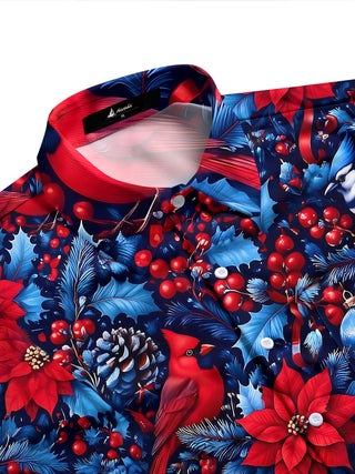 Adaychic Men's Printed Christmas Birds And Ornaments Print Long Sleeve Shirt with Chest Pocket