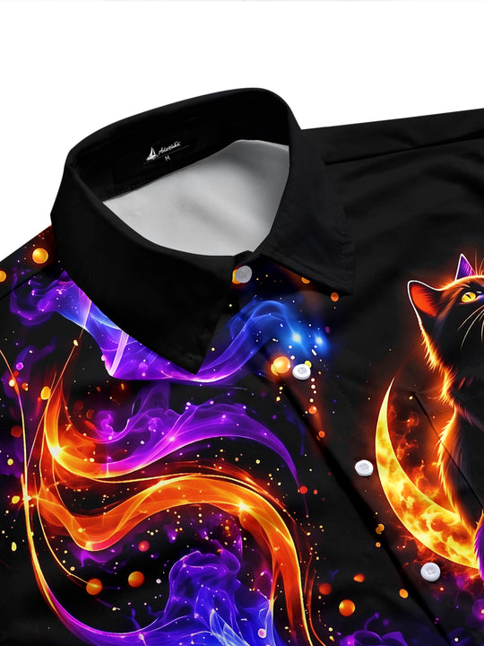 Adaychic Men's Halloween Black Cat On Crescent Moon Print Short Sleeve Shirt with Chest Pocket