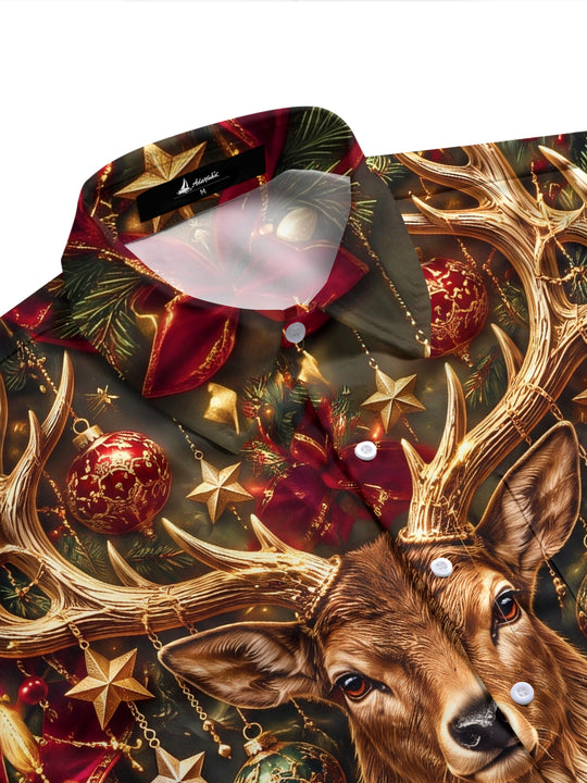 Adaychic Men's Hawaiian Christmas Elk And Ornaments Print Short Sleeve Shirt with Chest Pocket