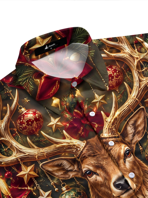 Adaychic Men's Hawaiian Christmas Elk And Ornaments Print Short Sleeve Shirt with Chest Pocket