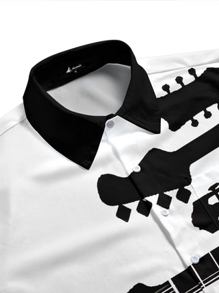 Adaychic Men's Graphic Guitar Headstock Silhouette Print Short Sleeve Shirt with Chest Pocket