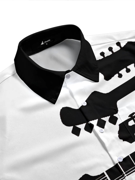Adaychic Men's Graphic Guitar Headstock Silhouette Print Short Sleeve Shirt with Chest Pocket
