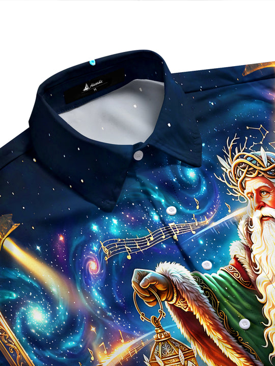 Adaychic Men's Santa Claus With Piano Keys And Lantern Print Long Sleeve Shirt with Chest Pocket
