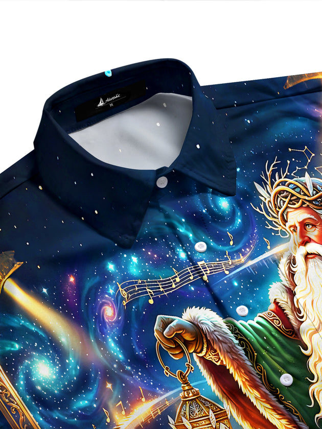 Adaychic Men's Santa Claus With Piano Keys And Lantern Print Long Sleeve Shirt with Chest Pocket