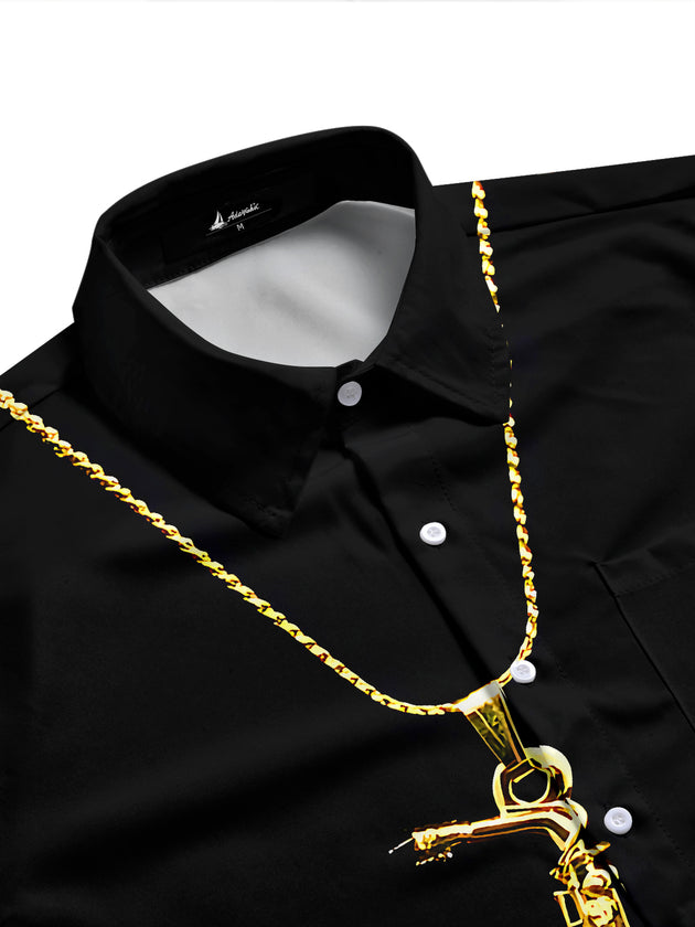 Adaychic Men's Graphic 3D Gold Saxophone Chain Print Short Sleeve Button Down Shirt with Chest Pocket