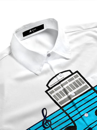 Adaychic Men's Graphic Musical Notes On Staff Print Short Sleeve Shirt with Chest Pocket