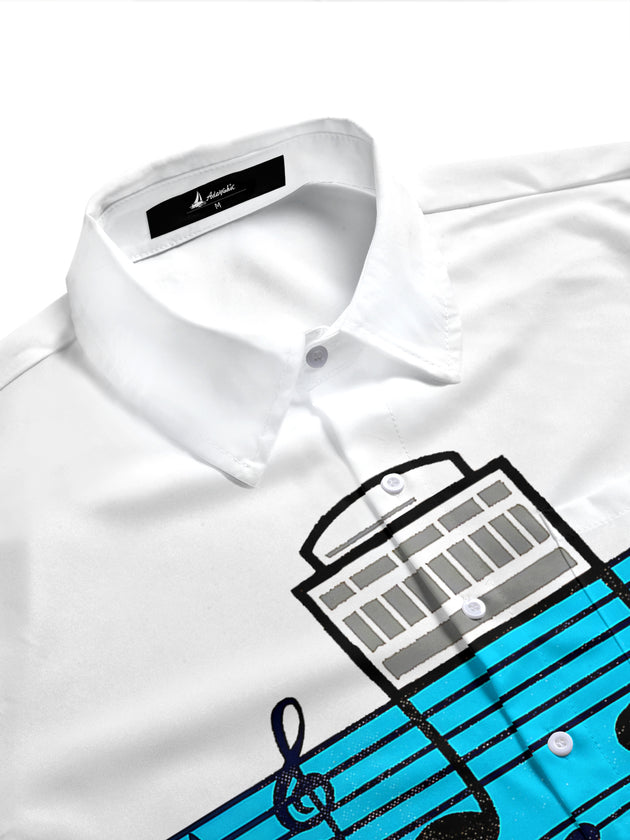 Adaychic Men's Graphic Musical Notes On Staff Print Short Sleeve Shirt with Chest Pocket