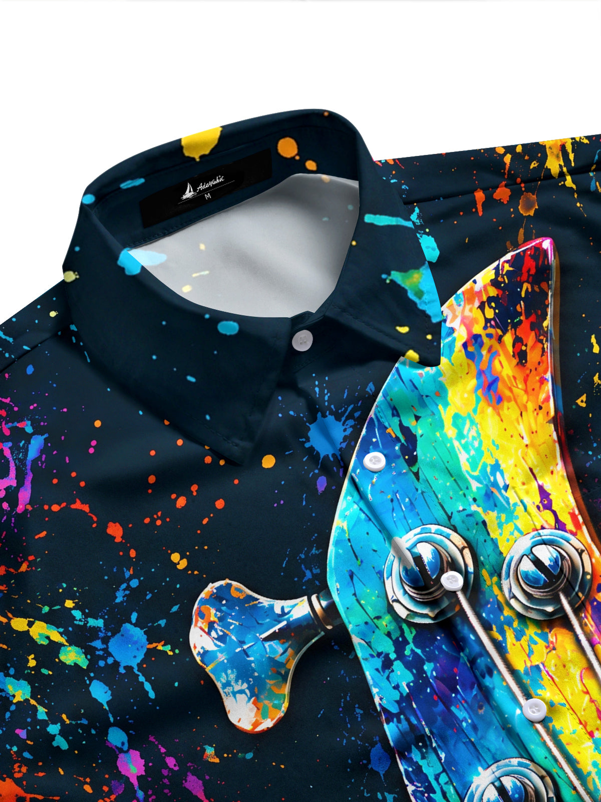 Adaychic Men's Long Sleeve Shirt - Bass Guitar Headstock With Paint Splatter Print with Chest Pocket
