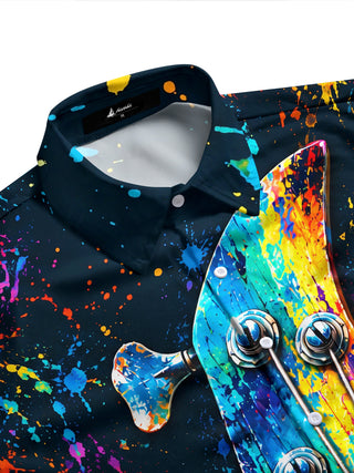 Adaychic Men's Long Sleeve Shirt - Bass Guitar Headstock With Paint Splatter Print with Chest Pocket